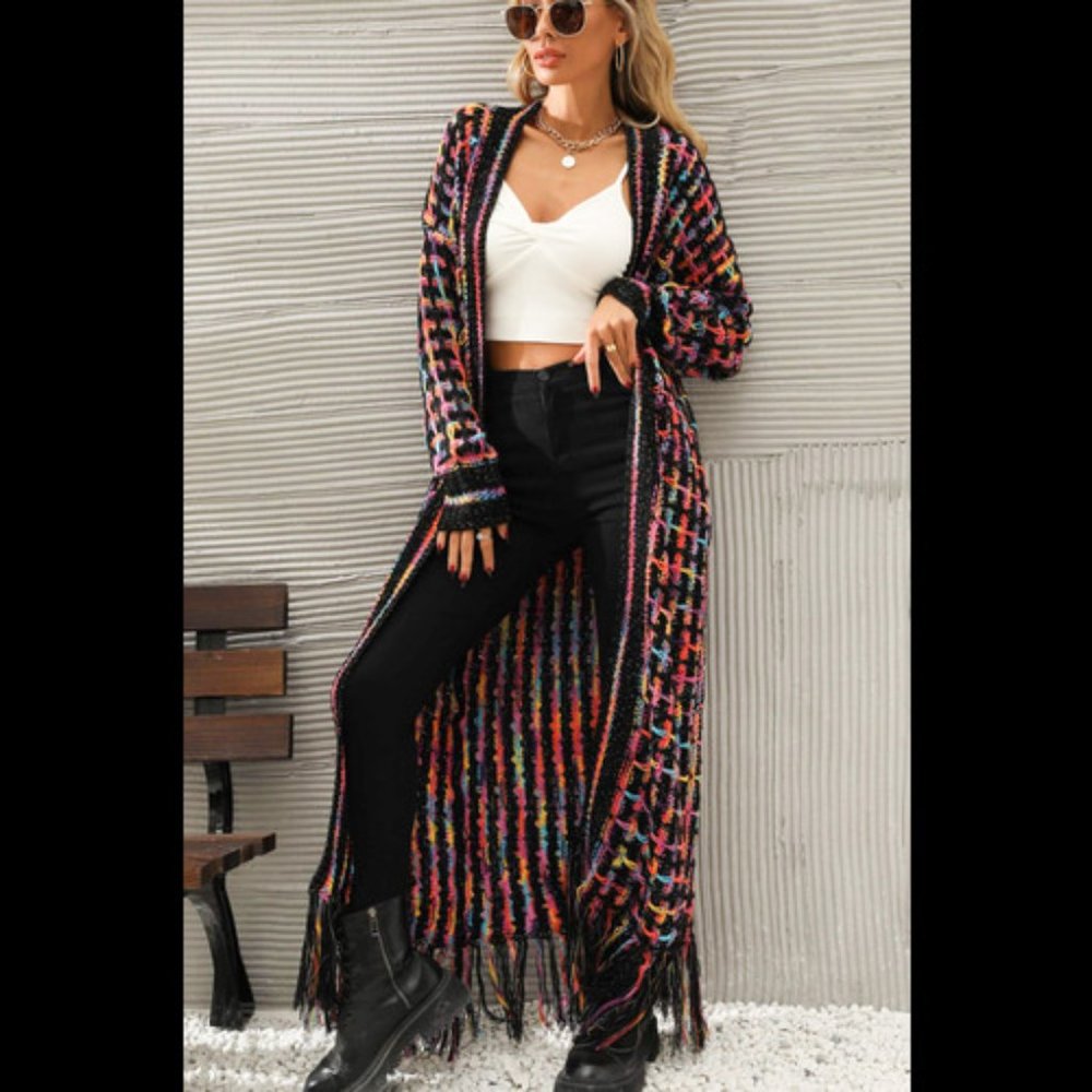 Multicolored Open Front Fringe Hem Cardigan